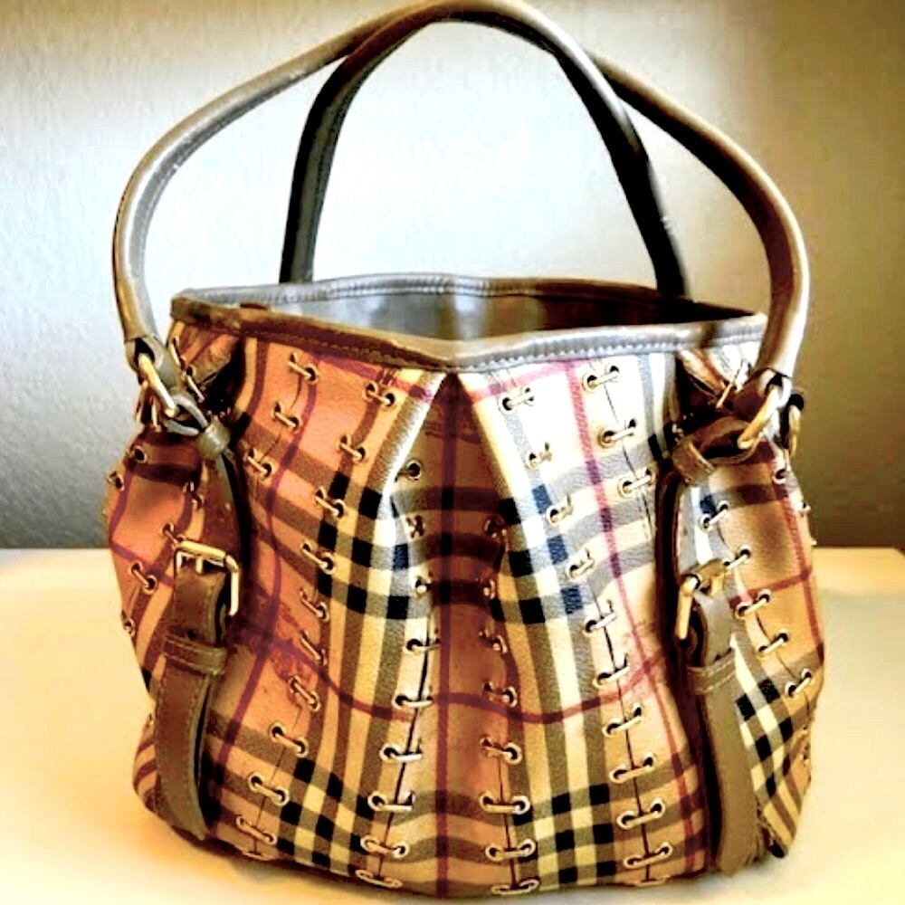 Burberry Tan Plaid Canvas Tote with Leather Trim